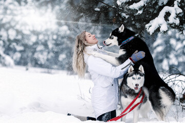 A young woman is sitting on the snow in the park with her Siberian Husky dog. Have fun outdoors on...