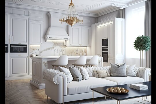 Luxurious interior design living room and white kitchen. Open plan interior.hyperrealism, photorealism, photorealistic