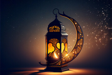 Ramadan lantern with crescent moon on night sky background	