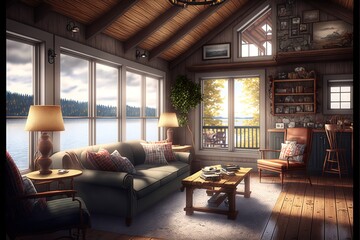 Fototapeta na wymiar Cozy Lake House Living Room With Lake View,hyperrealism, photorealism, photorealistic