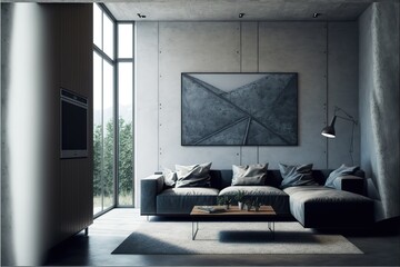 Modern living room interior design and concrete texture wall background,hyperrealism, photorealism, photorealistic.
