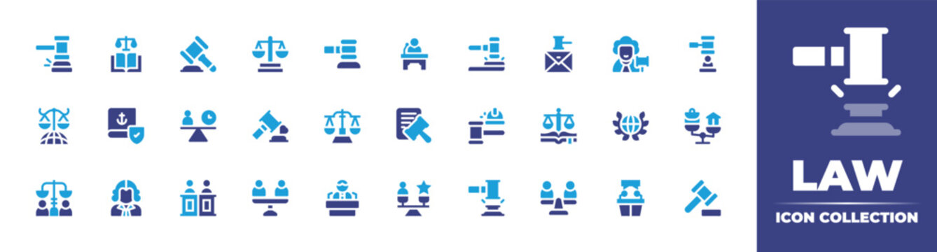Law icon collection. Duotone color. Vector illustration. Containing law, constitution, auction, balance, gavel, testimony, email, judge, hammer, justice, law book, regulation, laws, and more.