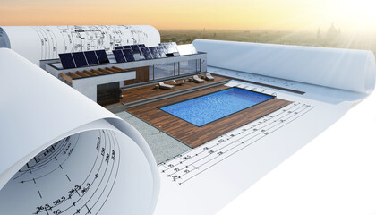 Planung eines modernen, energieeffizienten Bungalow mit Swimmingpool (Stadtpanorama im Hintergrund) - 3D Visualisierung - obrazy, fototapety, plakaty
