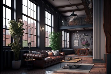 Living room interior in loft, industrial style, 3d render