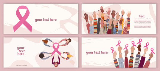 Breast cancer awareness concept. Group of different culture female hands holding a pink ribbon.Template.Solidarity and support for women fighting breast cancer.Prevention.Cancer survivor