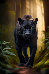 Naklejka na ściany i meble Wunderschöner schwarzer panther läuft durch einen Dschungel - Ai generiert