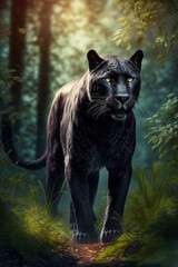 Naklejka na ściany i meble Wunderschöner schwarzer panther läuft durch einen Dschungel - Ai generiert