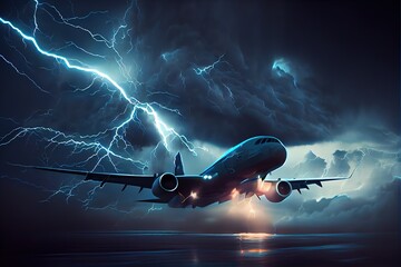 Airplane flies under heavy thunder clouds and lightning AI