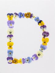 Flower font Alphabet a,b,c,q, r, s, t, made of Real pansy flowers.