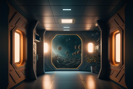 View on fantasy alien world from porthole of spaceship AI