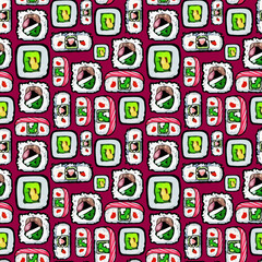 Fototapeta premium Vector seamless sushi pattern on dark red.