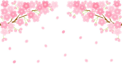 桜と桜の花びらが舞い散る春に使えるイラスト　アスペクト比16：9