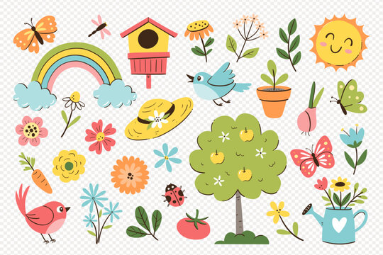 Cute spring objects isolated. Collection of seasonal things like flowers, gardening objects and butterflies, perfect for creating spring decorative designs.