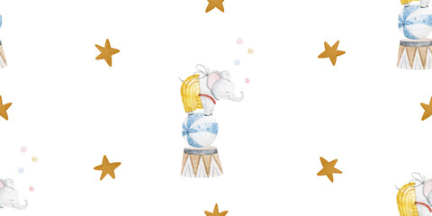 Circus hand painted performance with  animals, childish hand painted illustration, seamless pattern, endless background. Perfect for nursery, textile, design, print, wrapping paper