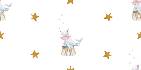 Circus hand painted performance with  animals, childish hand painted illustration, seamless pattern, endless background. Perfect for nursery, textile, design, print, wrapping paper