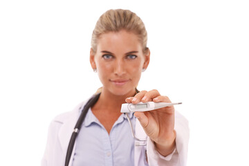 Naklejka premium Woman, doctor and holding thermometer for healthcare, checkup or medical examination against a white studio background. Portrait of female health specialist or expert with temperature stick for test