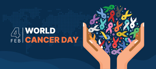 World Cancer Day - Two hand hold up circle shape with set of ribbons of different colors against cancer sign on dark blue dot world map texture background vector design