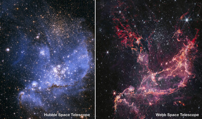 Webb and Hubble space telescopes side by side comparisons visual gains. Nebula NGC 346 stellar...