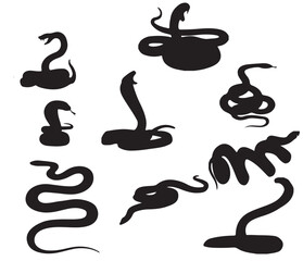 Set of silhouettes of snakes reptiles twisted or crawling