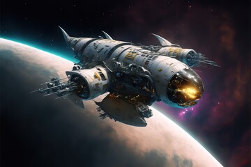 Fototapeta na wymiar Spaceship in orbit. Futuristic space military concept. Generative ai.