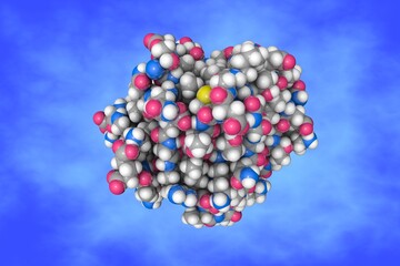 Recombinant human epidermal-type fatty acid binding protein. Space-filling molecular model on blue background. Rendering based on protein data bank entry 1jjj. Scientific background. 3d illustration