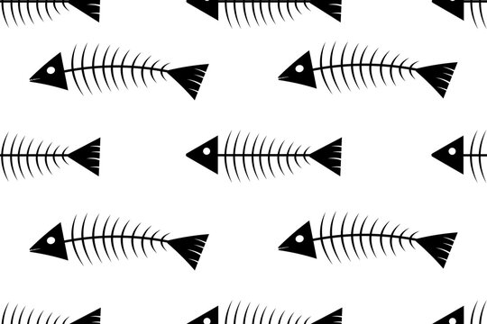 Seamless pattern with a fish skeleton. Minimalist print design for wallpaper and bed linen with the image of black and white fish bones. Minimalism in Japanese style.