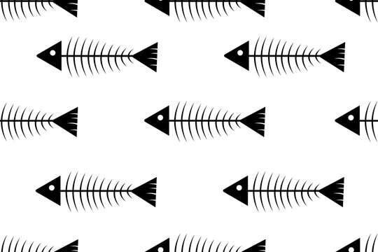 Seamless pattern with a fish skeleton. Minimalist print design for wallpaper and bed linen with the image of black and white fish bones. Minimalism in Japanese style.