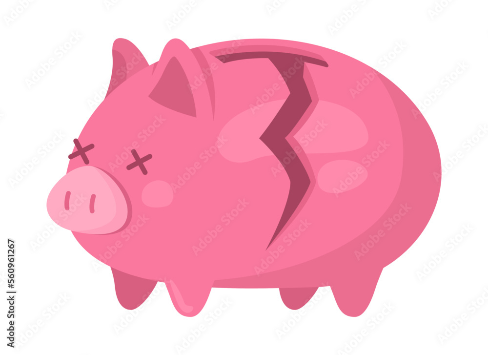 Poster damaged piggy bank semi flat color vector object. financial problem. editable element. items on whit