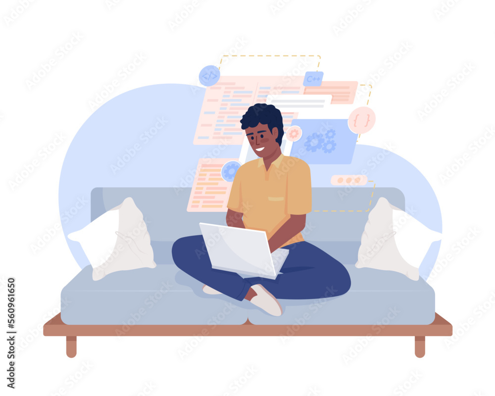 Aufkleber online coding class 2d vector isolated illustration. boy learning programming from home sitting on c