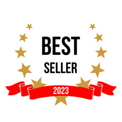 Best seller emblem, badge with wreath of gold stars, 2023 text on red ribbon for winner