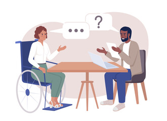 Job interview 2D vector isolated illustration. Male recruiter asking questions female candidate flat characters on cartoon background. Colorful editable scene for mobile, website, presentation