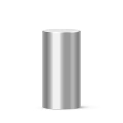 Metal cylinder podium, 3D pedestal pipe from stainless steel or iron, silver platform - obrazy, fototapety, plakaty