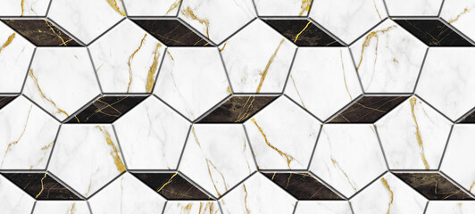 Penta tiles with white with black marble granite stone with striping golden lines