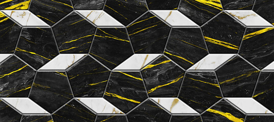Penta tiles with black and white marble granite stone with striping golden lines