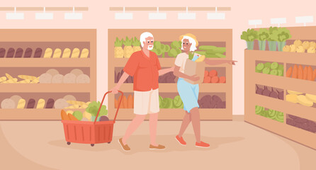 Senior shopping hours flat color vector illustration. Healthy lifestyle. Old couple purchasing vegetables together. Fully editable 2D simple cartoon characters with goods sections on background