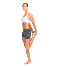 Fitness, stretching legs and portrait of woman in studio isolated on a white background mock up. Sports, training and happy female model or athlete warm up, preparing and getting ready for workout.