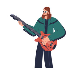 Rock guitarist playing electric guitar. Man, grunge musician performing music on string instrument. Rocker player in sunglasses, jacket. Flat vector illustration isolated on white background
