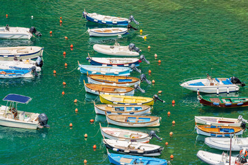 Large group of small boats moored in the port. Ancient Vernazza village, Cinque Terre National...
