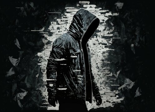 silhouette of a man wearing large clothes in a darlk street, hip hop or gang concept illustration