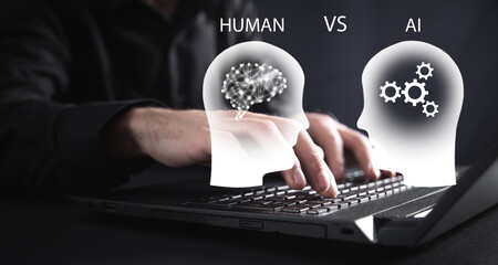 Human head VS Ai. Human intelligence vs artificial intelligence