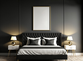 Gold mockup poster frame on the wall of the modern bedroom. Modern interior. Luxurious background with contemporary design. Modern interior design. 3D render, generative ai.