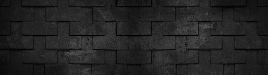 Abstract black anthracite gray grey dark geometric 3d concrete cement tiles wall texture background banner wide panorama panoramic