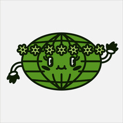 Green planet in wreath with hands, eyes and happy smile. Vintage style vector illustration. Protect environment ecological poster. 50th 60th 70th hero image for kids cartoon funny style.