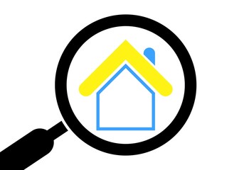 Isolated magnifier with with house in Ukraine nationals colors. Home for ukraine citizens