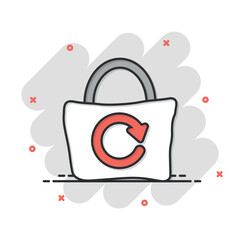 Eco bag icon in comic style. Ecobag cartoon vector illustration on white isolated background. Reusable shopper splash effect sign business concept.