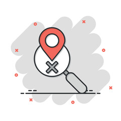 Map pin with magnifier icon in comic style. Gps navigation cartoon vector illustration on white isolated background. Locate position splash effect business concept.