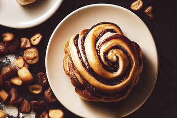 Top view of delicious cinnamon bun on plate as dessert illustration (Generative AI)