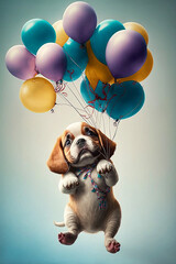 Hund fliegt mit einem Bündel Luftballons in den Himmel - Ai generiert - obrazy, fototapety, plakaty