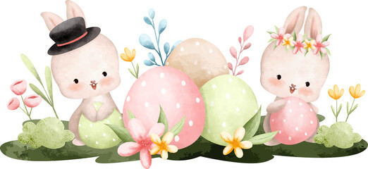 Easter Rabbit and Easter Egg. Watercolor Illustration. 