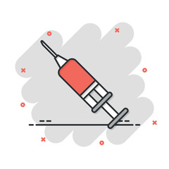 Syringe icon in comic style. Coronavirus vaccine inject cartoon vector illustration on isolated background. Covid-19 vaccination splash effect sign business concept.